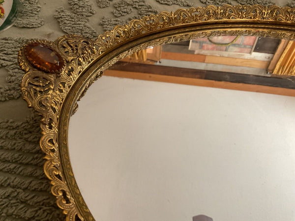 Vtg MID CENTUry FILIGREE ORMOLU VANITY PERFUME TRAY mirror regency