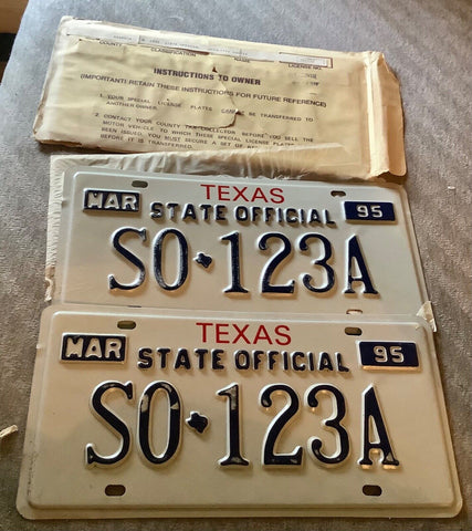 Vtg 1995 Texas STATE U.S. State official license plates SO 123A NOS PAIR