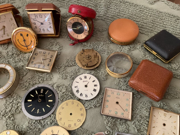 Huge Lot Of Vintage Antique Alarm Novelty Clock  face Parts Movements Case