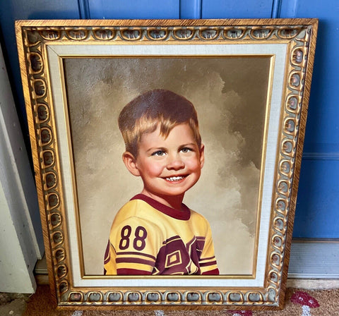 Vintage Oil Painting Portrait Young  Boy wood wooden carved mcm frame