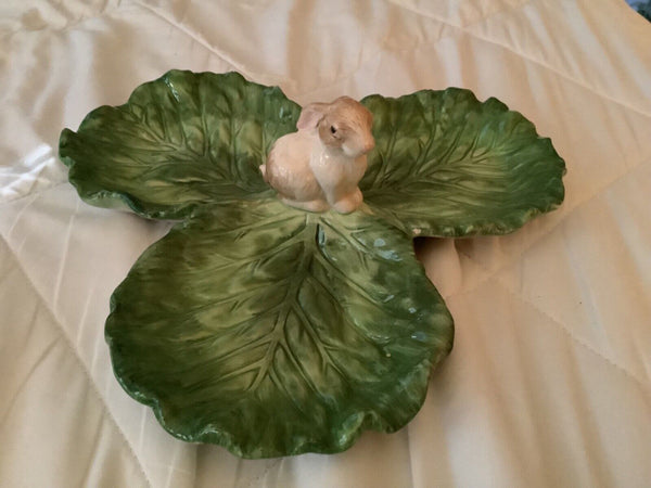 Ceramic Tri-Section Cabbage Leaf Dish Bunny Rabbit in Center - 3 Leaves Server