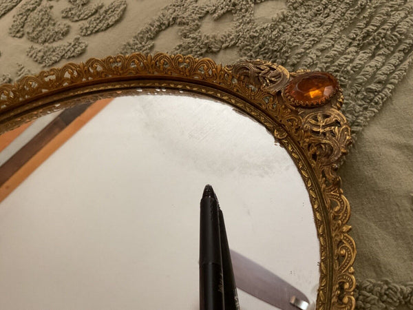 Vtg MID CENTUry FILIGREE ORMOLU VANITY PERFUME TRAY mirror regency