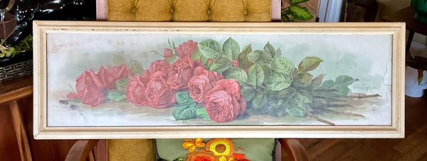 Veg Paul De Longpre Roses Yard Long Art Print  Framed 38x12 Shabby Chic Cottage