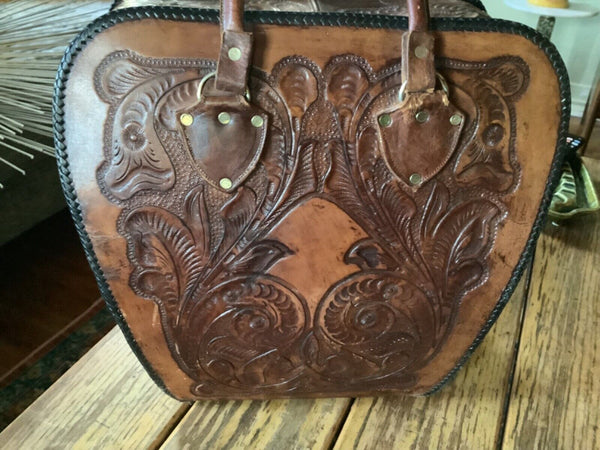 VINTAGE NICE BOWLING BALL BAG HAND TOOLED LEATHER BROWN with ball and shoes