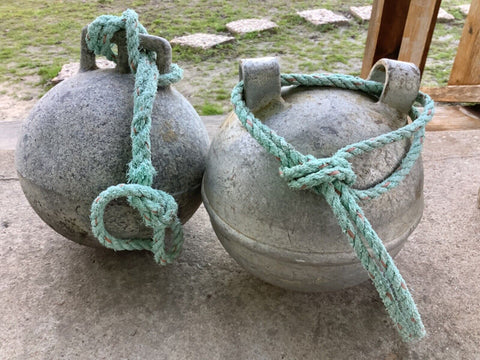 Vtg pair Antique Deep Sea metal zinc float buoy ball  BELL with ropE net