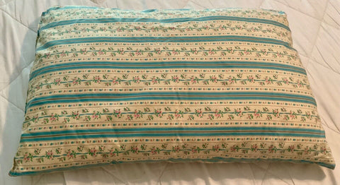 Vtg Blue Floral Ticking Down Feather Pillow Farmhouse Country Cottage roses
