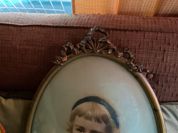 Vintage antique Ornate Metal brass Picture Frame Bubble Glass Convex girl child