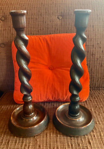 Antique/Vintage Pair of Oak Barley Twist Candlesticks candle holders