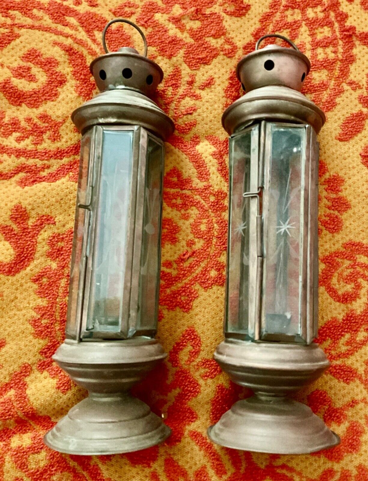 Pair Of Vintage Brass Etched Glass Candle holder Lanterns railroad