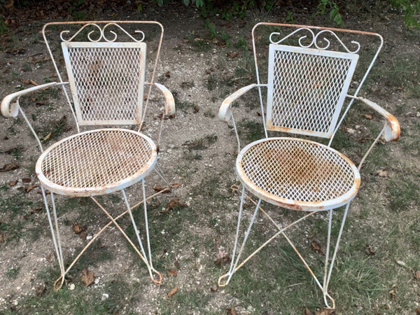 2 Vintage Wrought Iron Chairs Patio Garden Chippy Paint Mesh Metal Mid Century