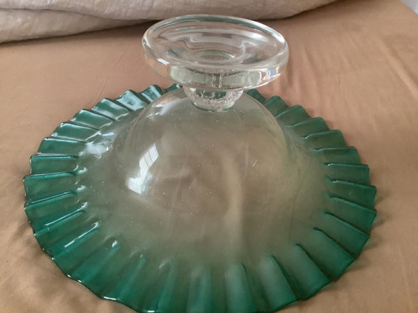 Vintage Hand Blown Glass Green Pedestal Bowl with Bubbles and Crimped or Ruffled