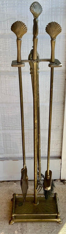 Vtg Nautical Fireplace Tool Set Solid Brass Seashell Clam Shell Marine stand