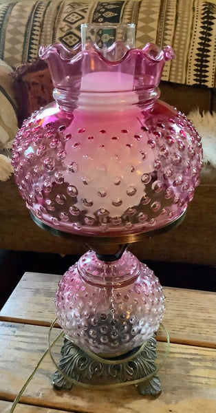 Vtg Cranberry Opalescent Hobnail Electric 2 Globe GWTW parlor  LAMP  shade