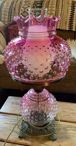 Vtg Cranberry Opalescent Hobnail Electric 2 Globe GWTW parlor  LAMP  shade