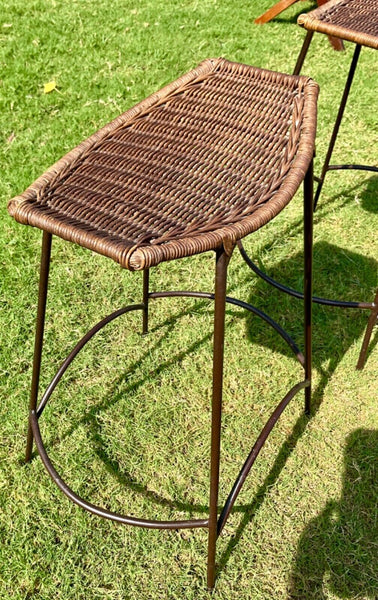 Vtg pair Arthur Umanoff Bars Stool Mid Century Modern Wrought Iron Wicker Boho