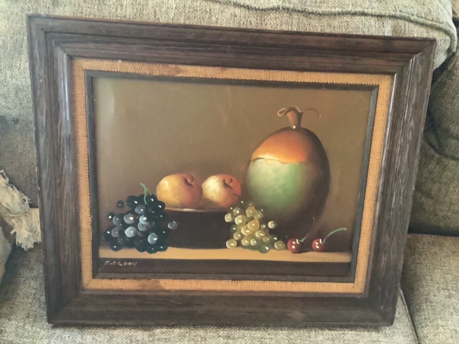 Vintage Framed frame Oil on Canvas Still Life Compote of Fruit vase signed