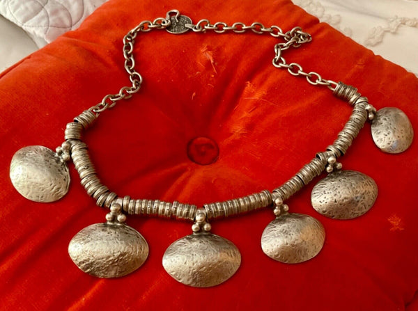 Modernist Industrial  Metal silver necklace Turkish coin Vintage