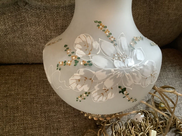 Satin Glass Hand Painted Flowers Hanging Swag Lamp Light Vtg mid century