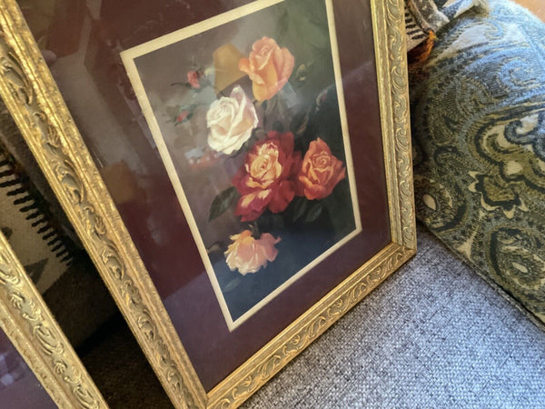 Vtg pair Roses Home Interiors Print By Di Giacomo Florals gold frame framed