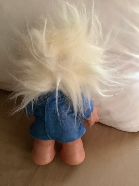 Vintage Thomas Dam Denmark Troll Doll 1980 White Hair Blue Felt Dress 6.5”