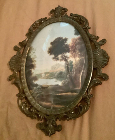 Vintage Brass  Italy Oval Picture Frame Convex Bubble Glass Landscape Print