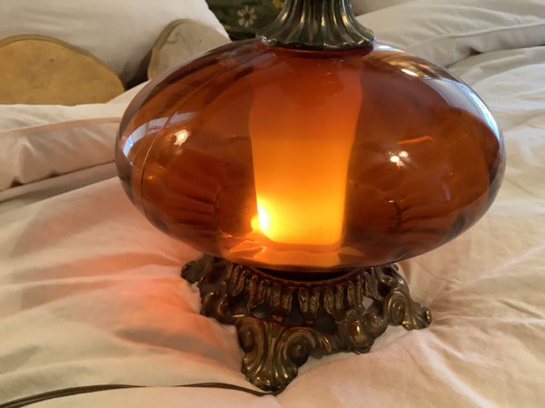 Vtg Mid Century Iridescent Amber Glass Saucer & Brass Hollywood  regency  lamp