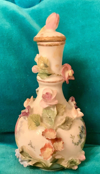 Antique Dresden Potschappel Porcelain Miniature Flower Encrusted Perfume Bottle