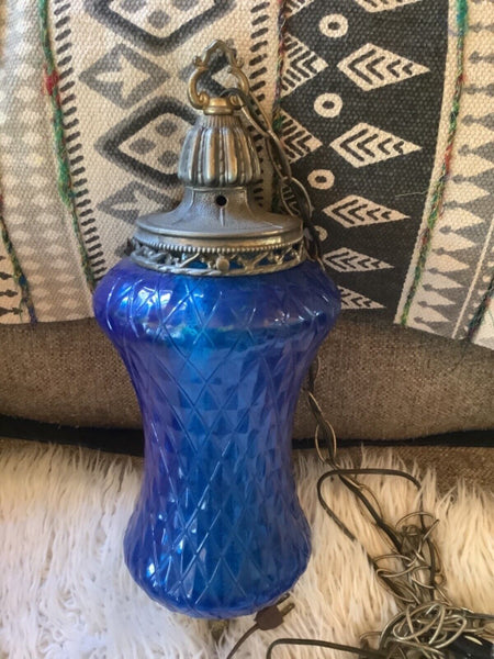 Vintage Hanging Swag Lamp Blue Globe Light Fixture Diffuser Core Chain Cord