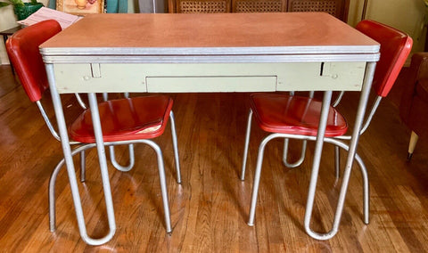 Vtg  pink Chrome Formica Dining kitchen Table Mid Century Modern leaves chairs