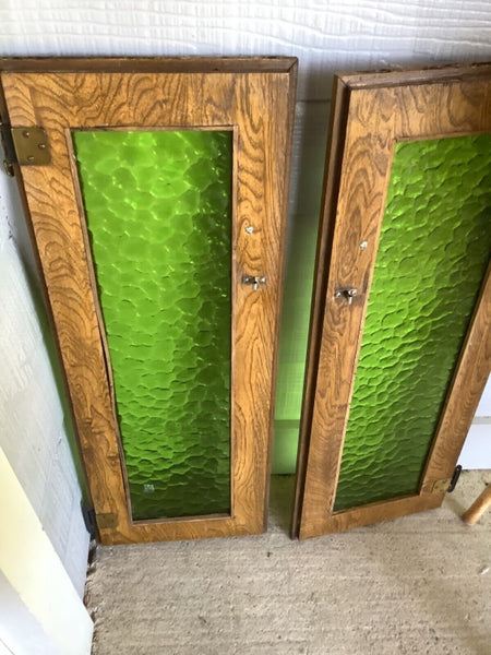 Vtg mid Century mcm Pair Stained wood Glass green cupboard Cabinet Doors