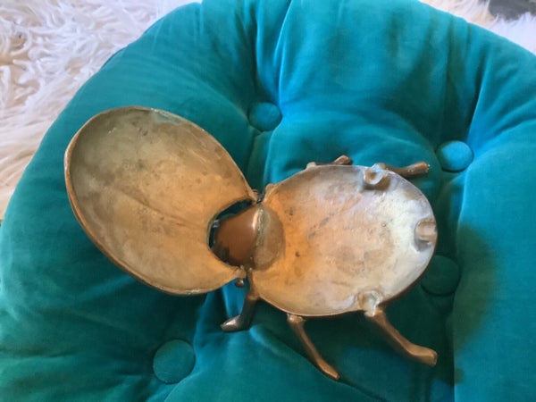 Vintage Brass Ashtray trinket box Scarab Ladybug Beetle Bug Hinged Lidded Heavy