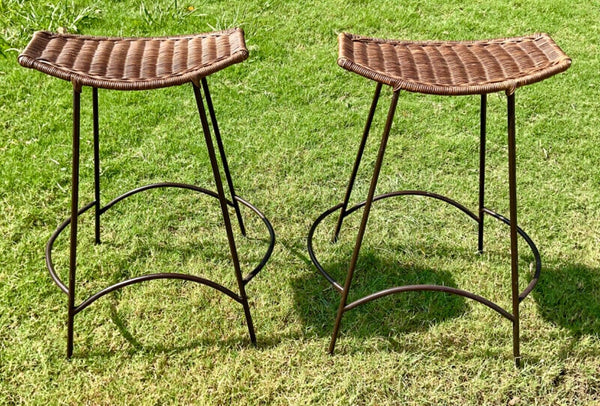 Vtg pair Arthur Umanoff Bars Stool Mid Century Modern Wrought Iron Wicker Boho