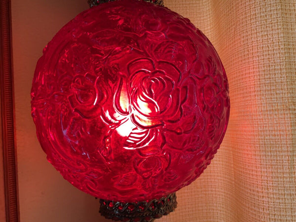 Vintage MCM Ruby Red Glass Hanging Swag Lamp mid century modern retro roses