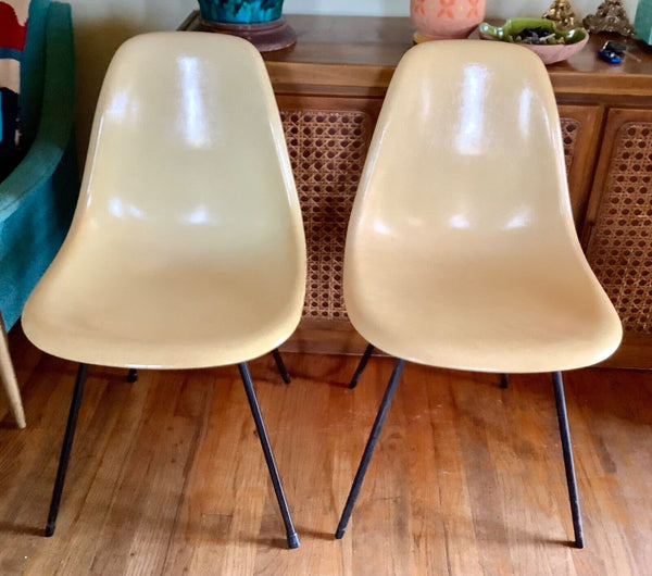 Vintage Herman Miller  Yellow beige Molded Fiberglass Eames Shell Chairs pair