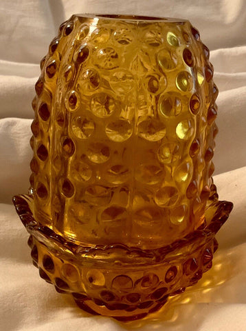 Vintage Fenton Amber Fairy Lamp Hobnail Glass Votive 2 Piece Candle Holder