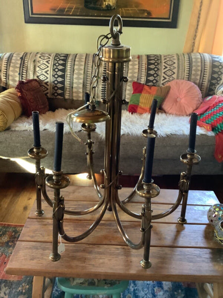 Vtg brass Gilt Bouillotte  tole Lamp 6 Lite Chandelier light fixture shades