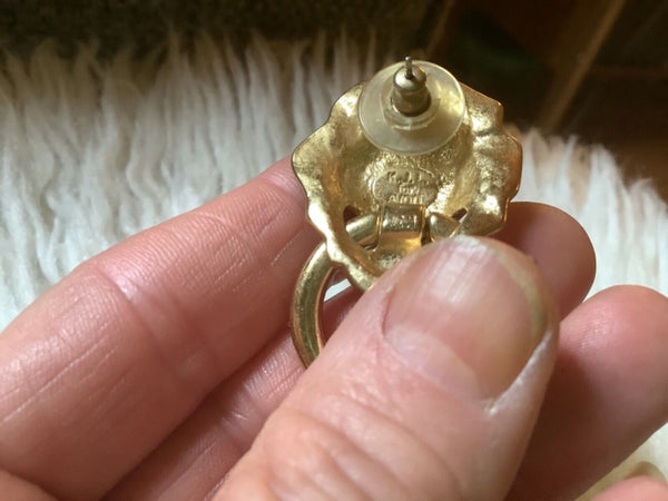 Vintage KJL for AVON lion head earrings costume jewelry gold tone