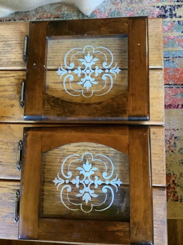 Pair Antique Wood glass etched Cabinet Cupboard Doors Vintage
