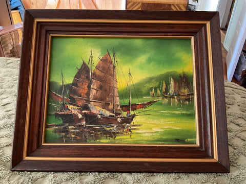 Vtg Oil Painting ship boat sailboat sea ocean frame  signed Tradub abstract mcm