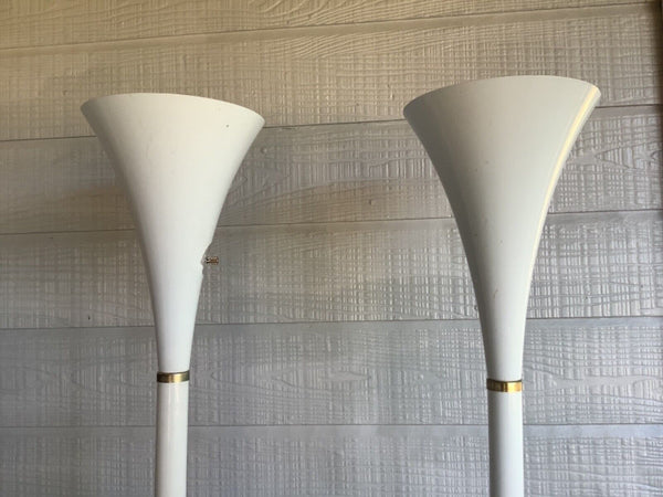 Vintage pair Mid Century Modern White Trumpet cone Floor Lamp retro torchiere