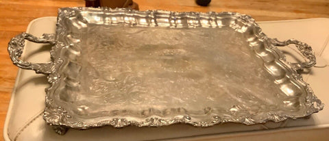 Vintage Sheridan Silver Plated Butler Serving Tray 25x16" Footed Ornate