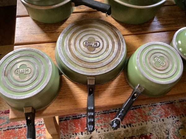 Club Cookware 14 Pieces Avocado Green Aluminum Set Pots Skillet Lids Vtg Dutch