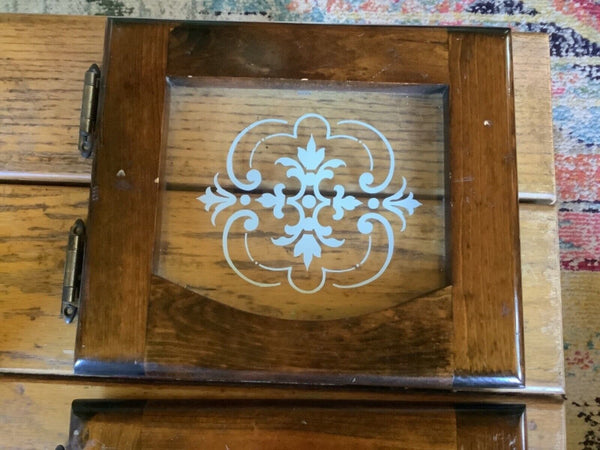 Pair Antique Wood glass etched Cabinet Cupboard Doors Vintage