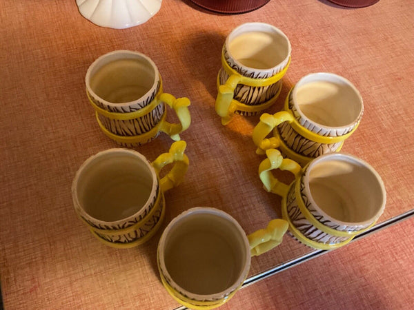 Vintage Set of 6 yellow band Barrel Ceramic Mugs cups  brown Wood Grain