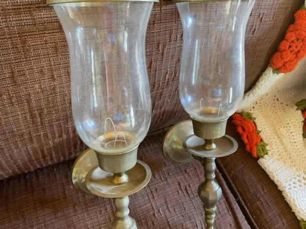 Vintage pair Brass Wall Sconce CANDLE HOLDER w HURRICANE GLASS SHADEs