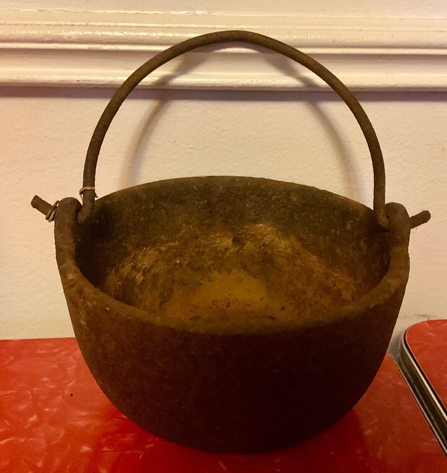 Vintage Small Cast Iron Cauldron Pot Kettle Mini  Wire Bail Handle