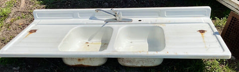 Vintage Cast Iron Porcelain Double Bowl Drain Board Farmhouse Kitchen Sink
