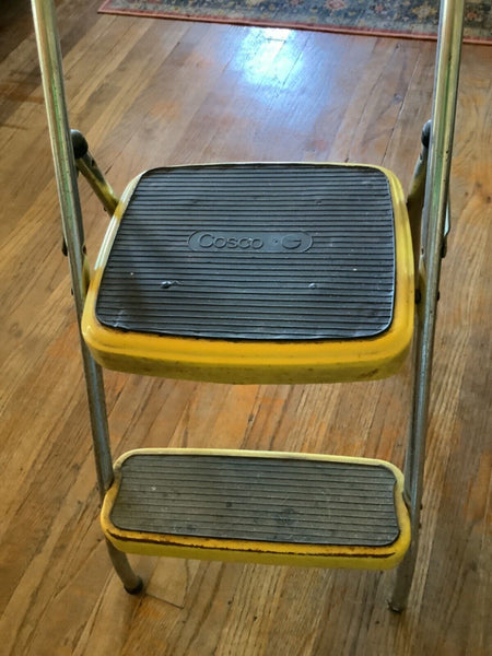 Vintage Cosco Folding Step Stool Metal Kitchen Chair Seat Mid-Century yellow mcm