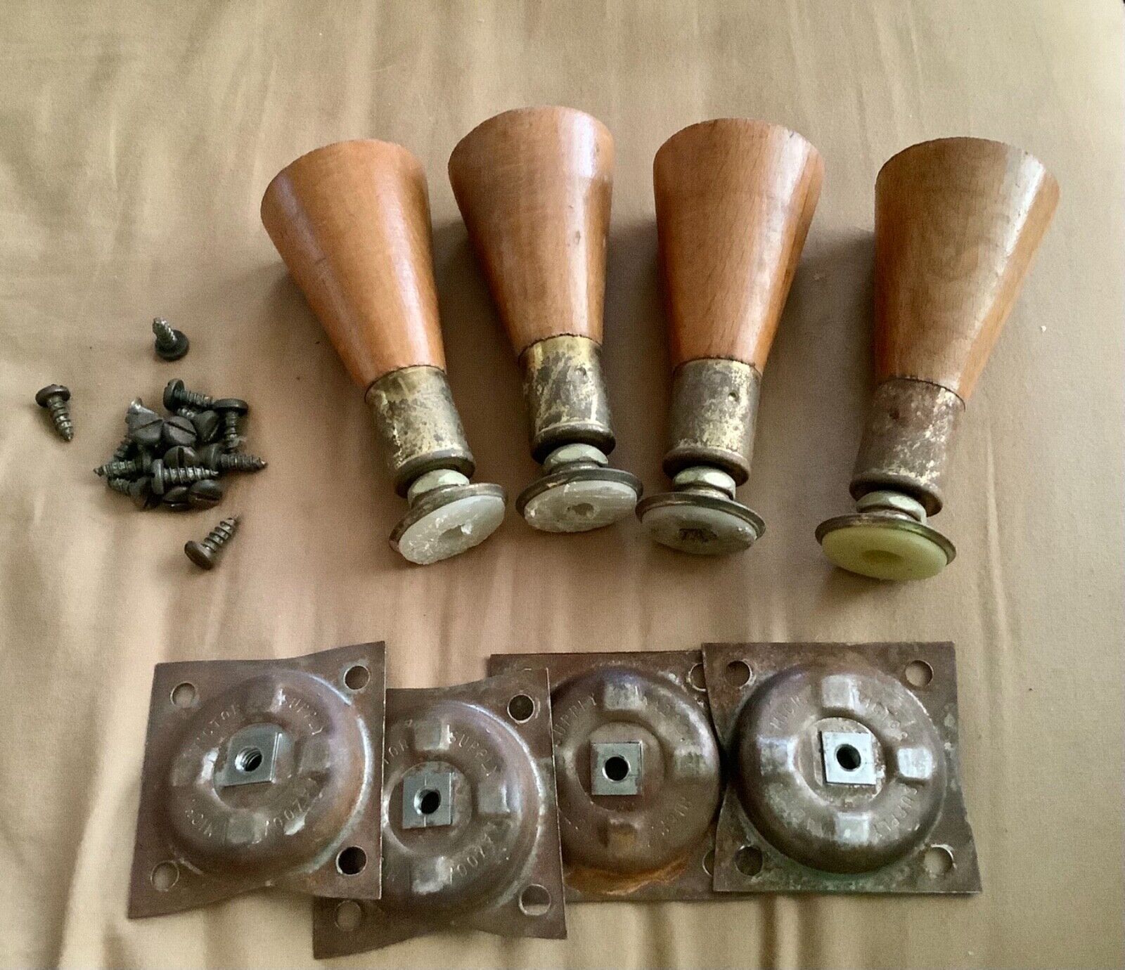 Set of 4 Vintage Mid Century Modern Tapered Wooden Legs Inches Brass Tips