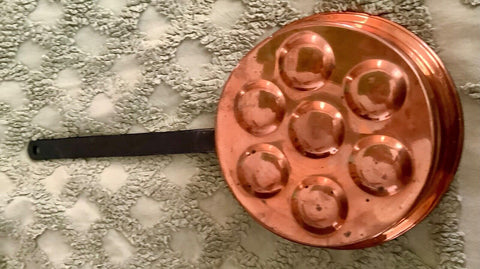 Vintage 15 Copper 7 Egg Poacher Escargot  Pan skillet Hand Crafted Iron Handle
